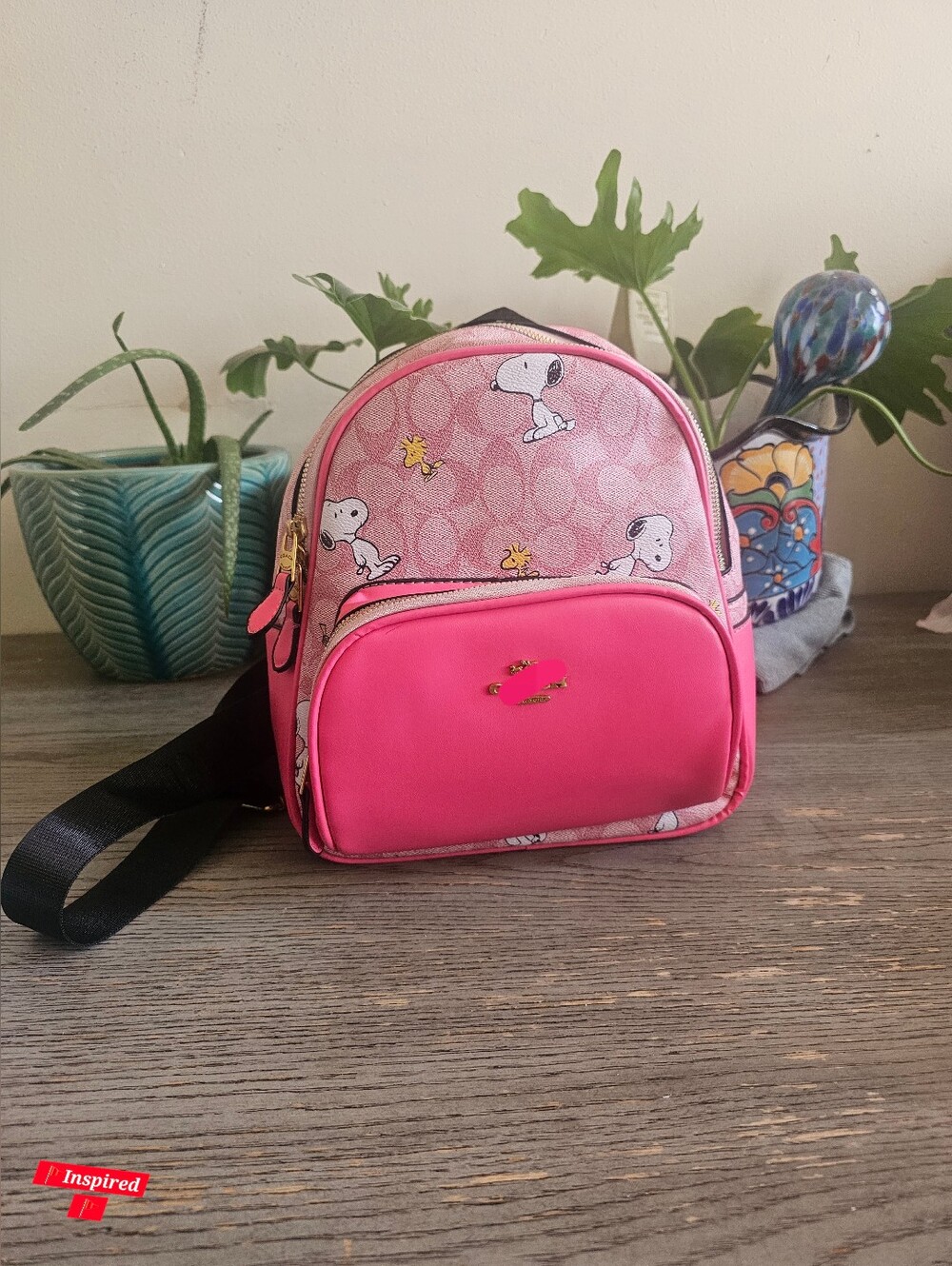 Women’s pink Snoopy Backpack Gold Hardware Zip Logo Pockets